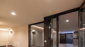 Een modern interieur met een glazen deur die uitkomt op een hal met een trap en een plant.