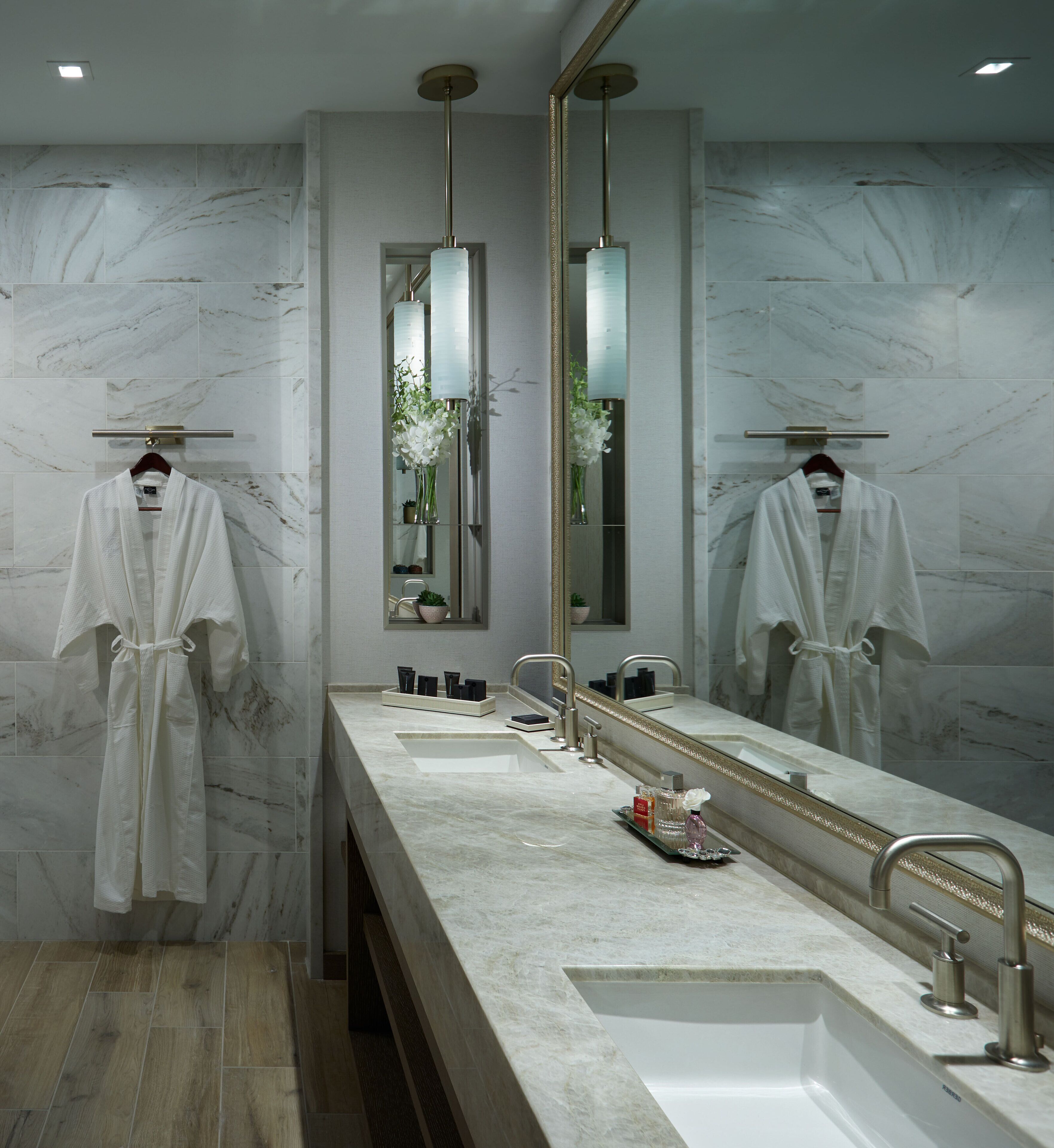 platinum suite king balcony | bathroom | shower, designer toiletries, hair dryer, bathrobes