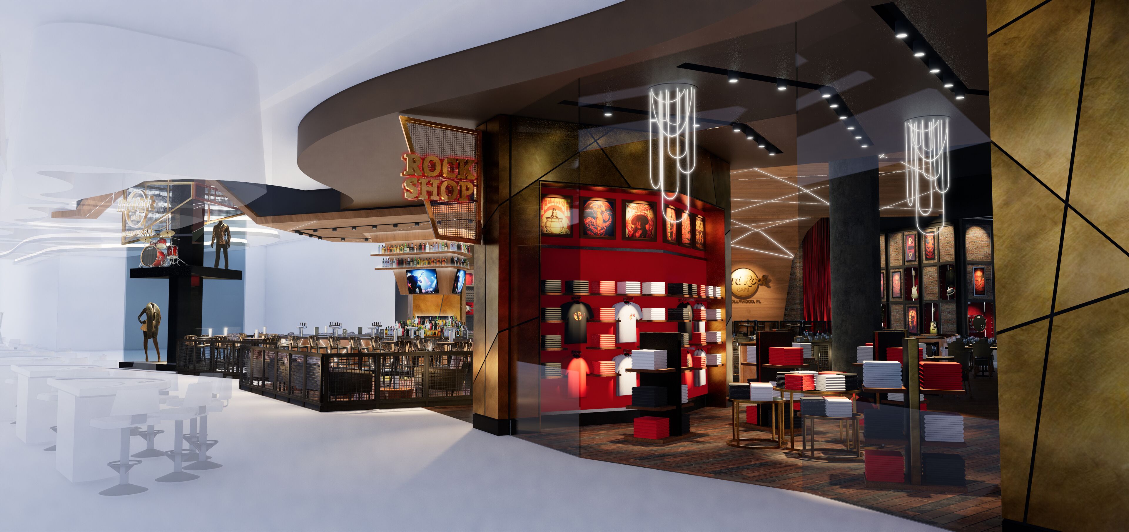 Un interior moderno con una zona de bar, asientos y una sección temática en rojo.