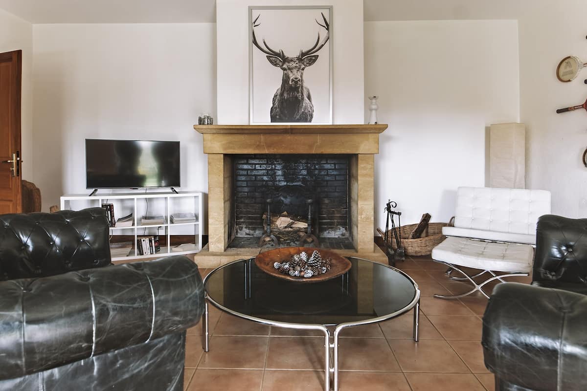 A living room with a fireplace, a television, and leather sofas.