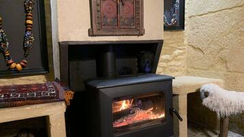 A wood-burning stove with a glass door, a rustic wooden door above it, and a white fluffy dog nearby.