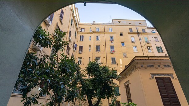 A courtyard with a tree, a building with multiple windows, and a small structure with a door. - Roma Enrico Guesthouse (Rome)