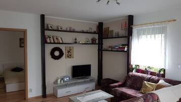 Fernseher, Tischtennisplatte, Musikbibliothek, Stereoanlage