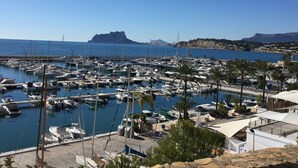 Un port de plaisance où de nombreux bateaux sont amarrés, entouré de palmiers et d’un paysage rocheux.