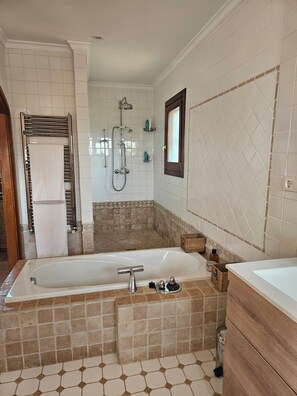 Combined shower/bathtub, hair dryer, towels, soap