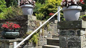 A stone staircase with a metal handrail, leading to a landing with two large flower pots on top. - Tyn Y Fron Country House (Betws-Y-Coed)