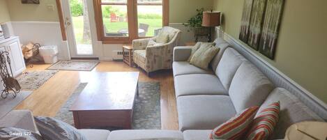 Smart TV, fireplace, books