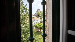 A view through a window with a balustrade, featuring a building with a red-tiled roof and a white facade, surrounded by greenery.