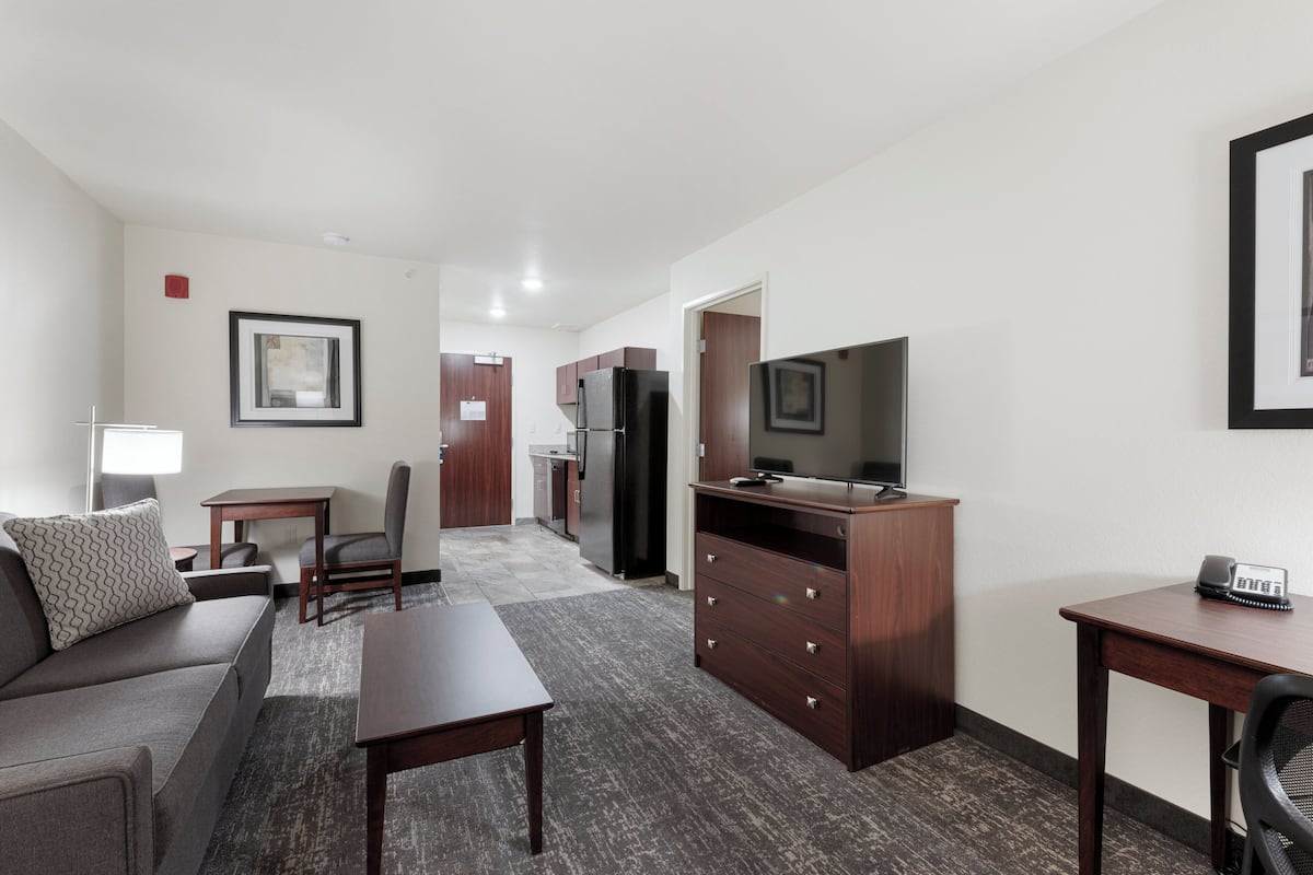 Une chambre d’hôtel moderne équipée d’un canapé, d’une petite table, d’une télévision, d’un bureau et d’une armoire.