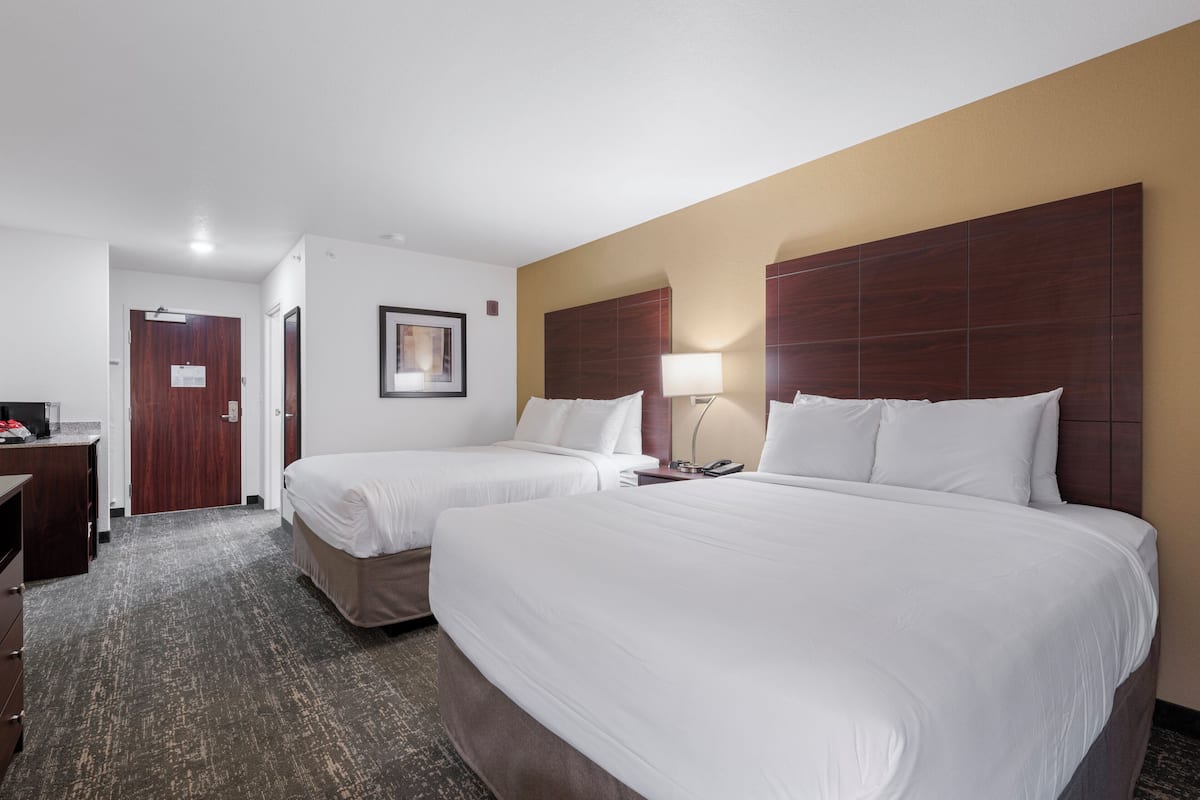 Une chambre d’hôtel avec deux lits, un bureau et une porte.