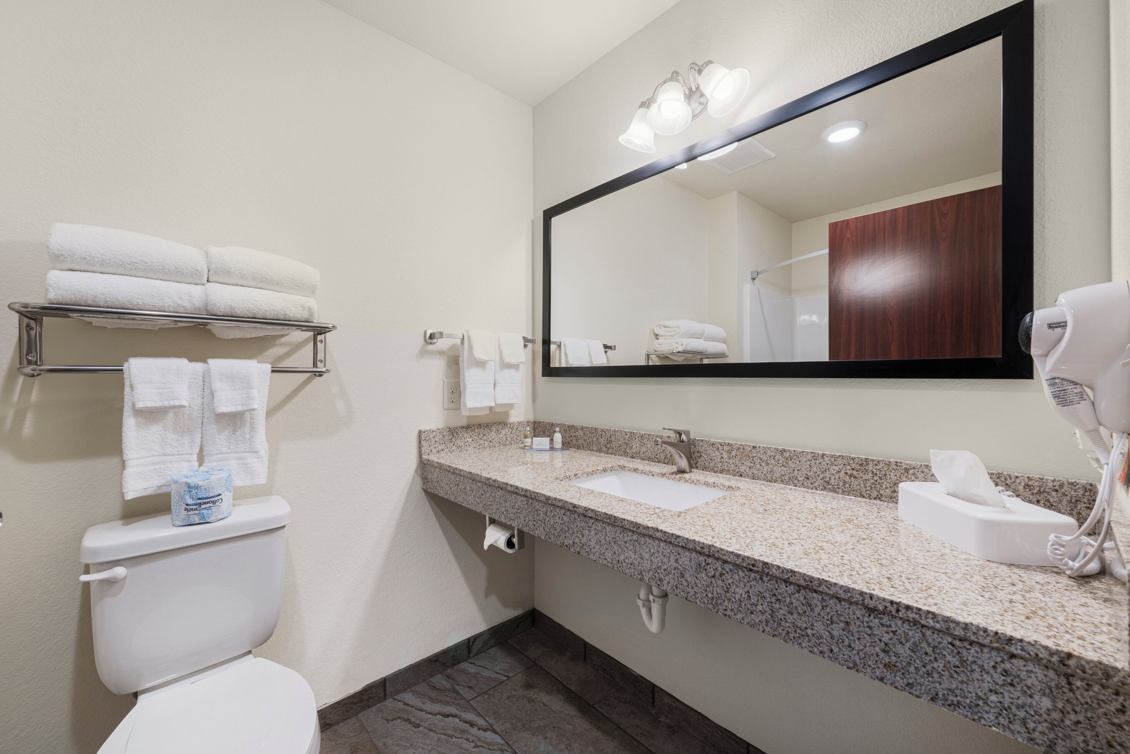 combined shower/bathtub, free toiletries, hair dryer, towels