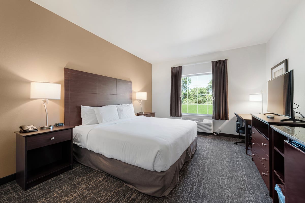 Une chambre d’hôtel avec un grand lit, deux tables de chevet avec des lampes, un bureau avec une chaise, une télévision et une fenêtre avec des rideaux.