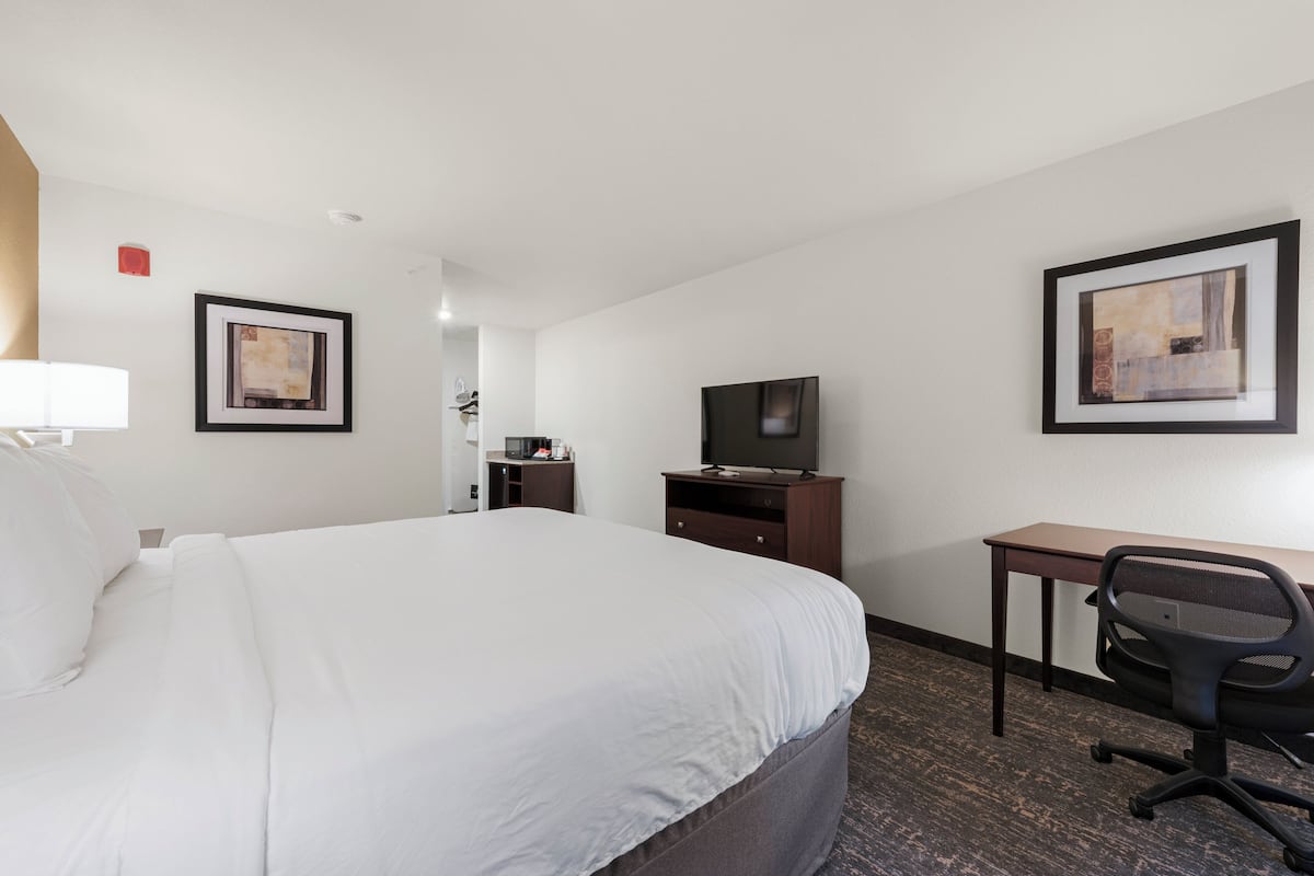 Une chambre d’hôtel avec un grand lit, un bureau avec une chaise, une télévision et des œuvres d’art encadrées accrochées aux murs.