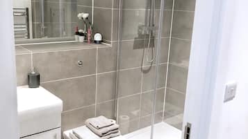 Hair dryer, towels, soap, toilet paper