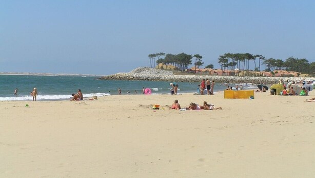 Une plage de sable où des gens se prélassent au soleil et se baignent. On aperçoit des arbres et une formation rocheuse en arrière-plan.
