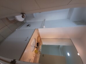 Shower, towels, soap, toilet paper