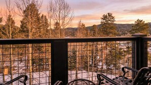 A balcony with a view of snow-covered trees and a distant mountain range.