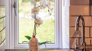 A kitchen with a sink, a window with a view of greenery, and a bottle of Bay & Hayes hand soap.