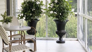 A covered porch with string lights, two potted plants, a table, and wicker chairs. - County Seat Colonial  (Litchfield)