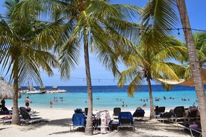 Une plage bordée de palmiers, avec des chaises longues et une mer d’un bleu limpide.