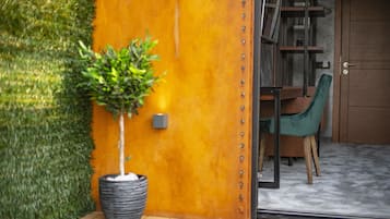 A modern interior with a green chair, a potted plant, and a wooden door.