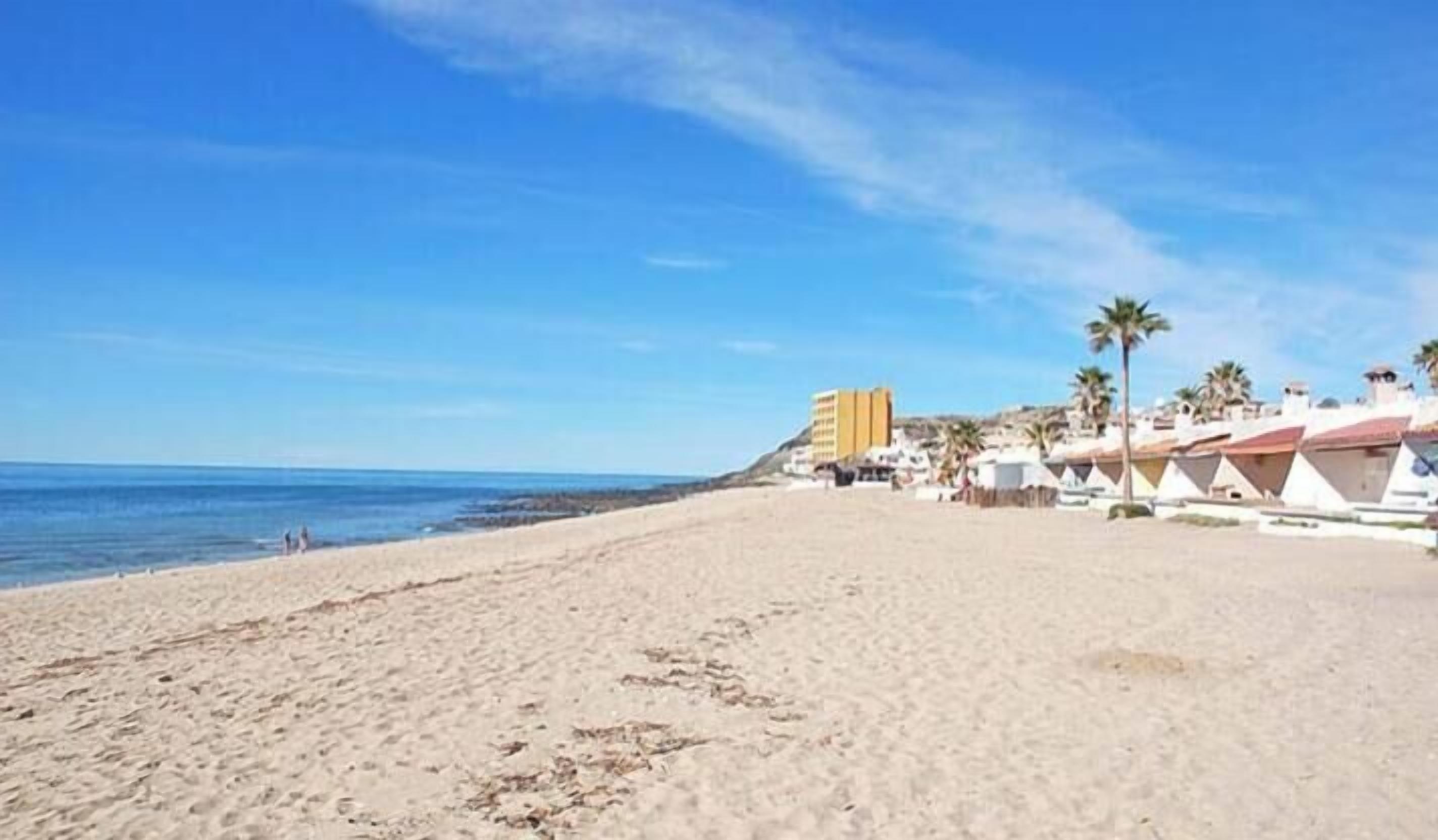 A beach with a row of white buildings with red roofs, some with palm trees in front.