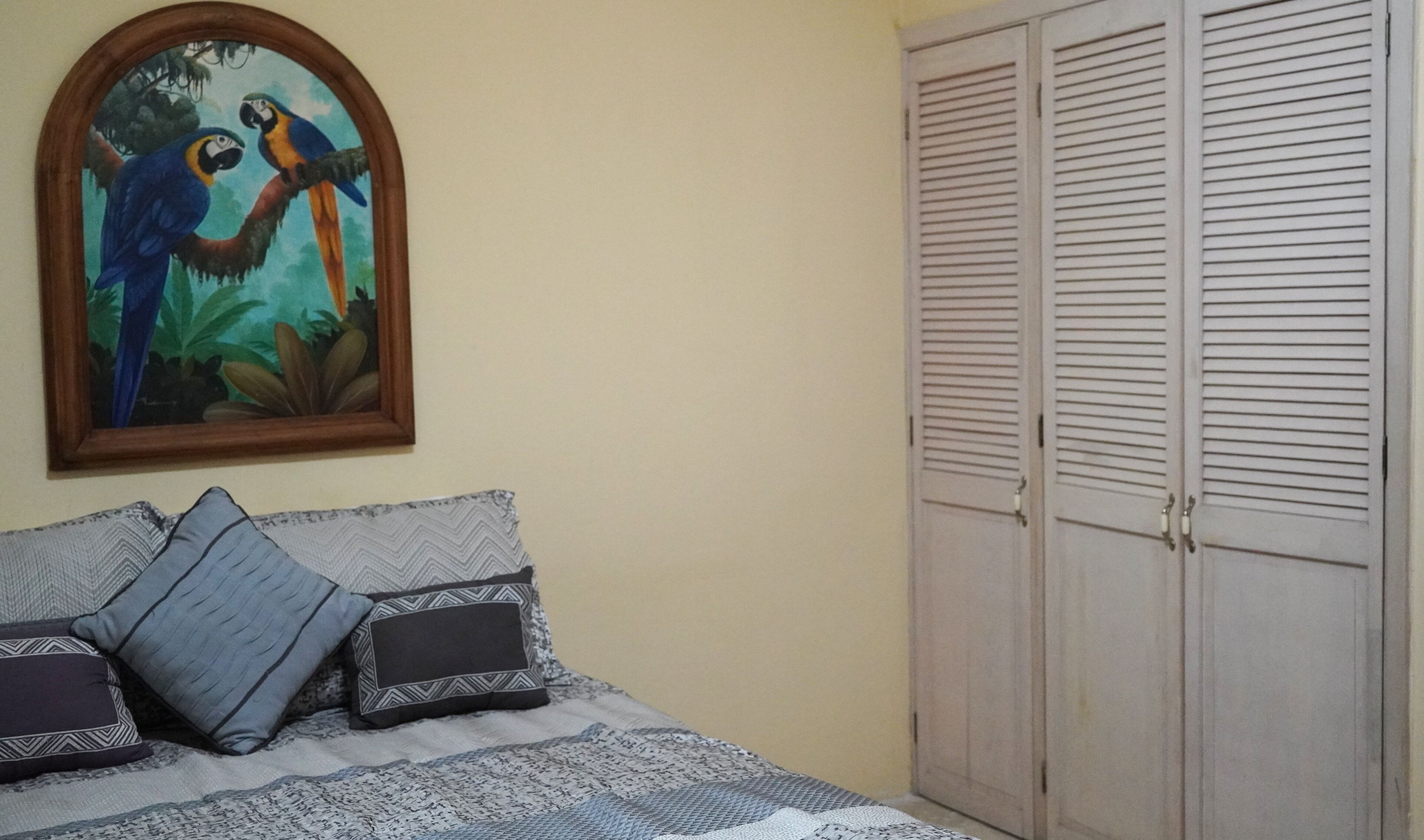 A bedroom with a bed, pillows, a painting of parrots, and a wardrobe.