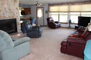 Smart TV, fireplace, video games, DVD player