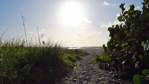 Un sendero arenoso que lleva a una playa con el sol brillando entre las nubes.