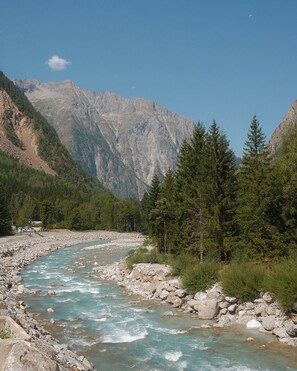 Un río serpentea por una zona montañosa con orillas rocosas y bosques densos.