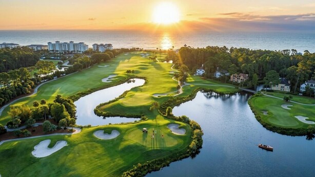 Un parcours de golf avec des obstacles d’eau, un bateau et des bâtiments en arrière-plan.