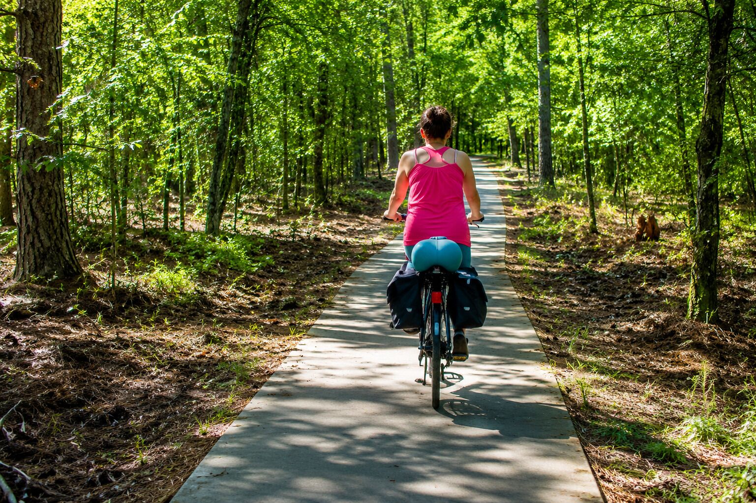 Eine Person fährt Fahrrad auf einem asphaltierten Weg durch einen Wald.