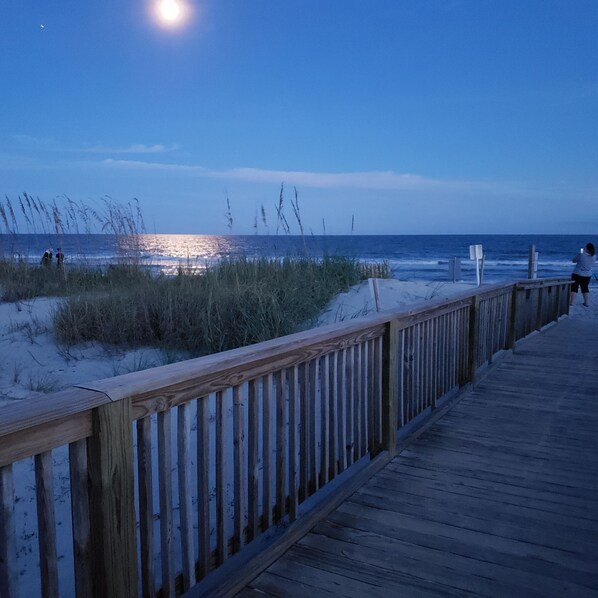 On the beach, sun-loungers