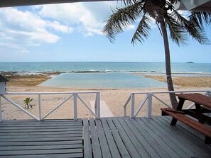 On the beach, sun-loungers, beach towels