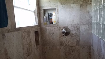 Hair dryer, towels, soap