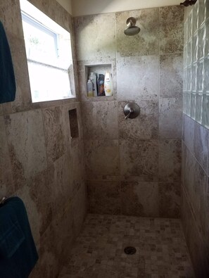 Hair dryer, towels, soap
