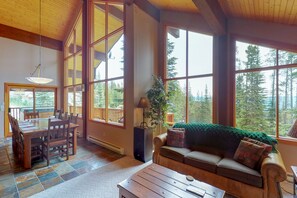 TV, caminetto, lettore DVD, libri