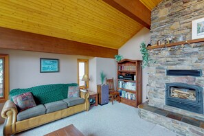 TV, fireplace, DVD player, books