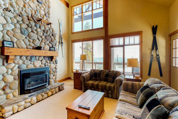 Televisión, chimenea, reproductor de DVD y estéreo 