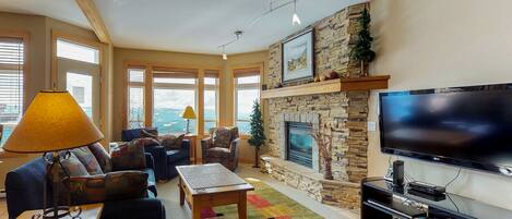 TV, fireplace, DVD player, stereo