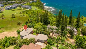 An aerial view of a coastal resort with multiple buildings, lush greenery, and a view of the ocean.