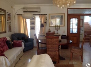 TV, fireplace, books