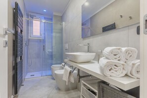 Shower, hair dryer, bidet, toilet paper