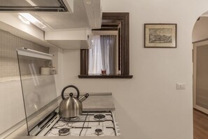 Fridge, oven, electric kettle, toaster