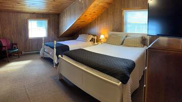 A bedroom with two beds, a television, and a chair.