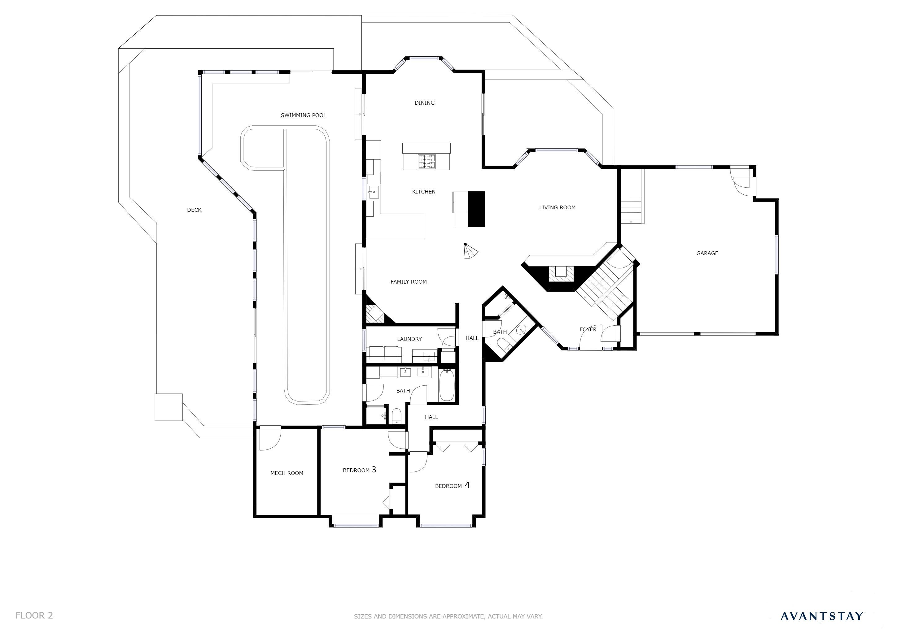Plano de planta de un hotel que incluye piscina, comedor, cocina, sala de estar, garaje, sala familiar, lavandería, dos dormitorios y dos baños, además de un vestíbulo.