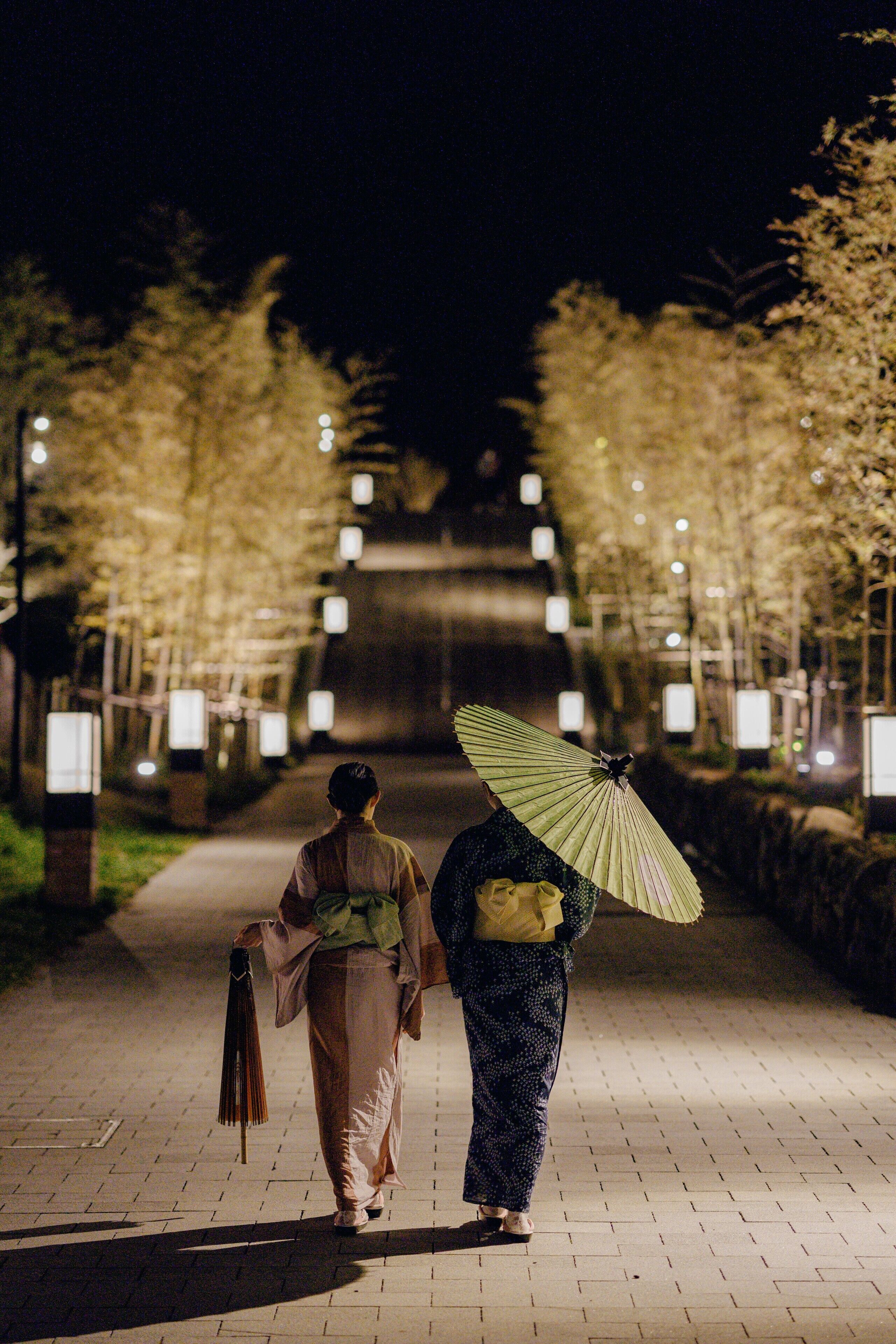 A pathway lined with trees and illuminated by street lamps.