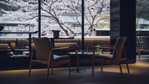 Ein Zimmer mit großem Fenster, das auf Kirschblüten blickt, mit Holzmöbeln und traditioneller japanischer Einrichtung.