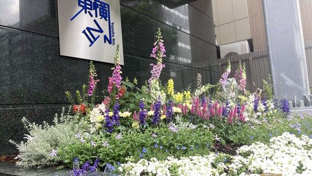 Un letrero con caracteres japoneses, una variedad de flores y la fachada de un edificio moderno.