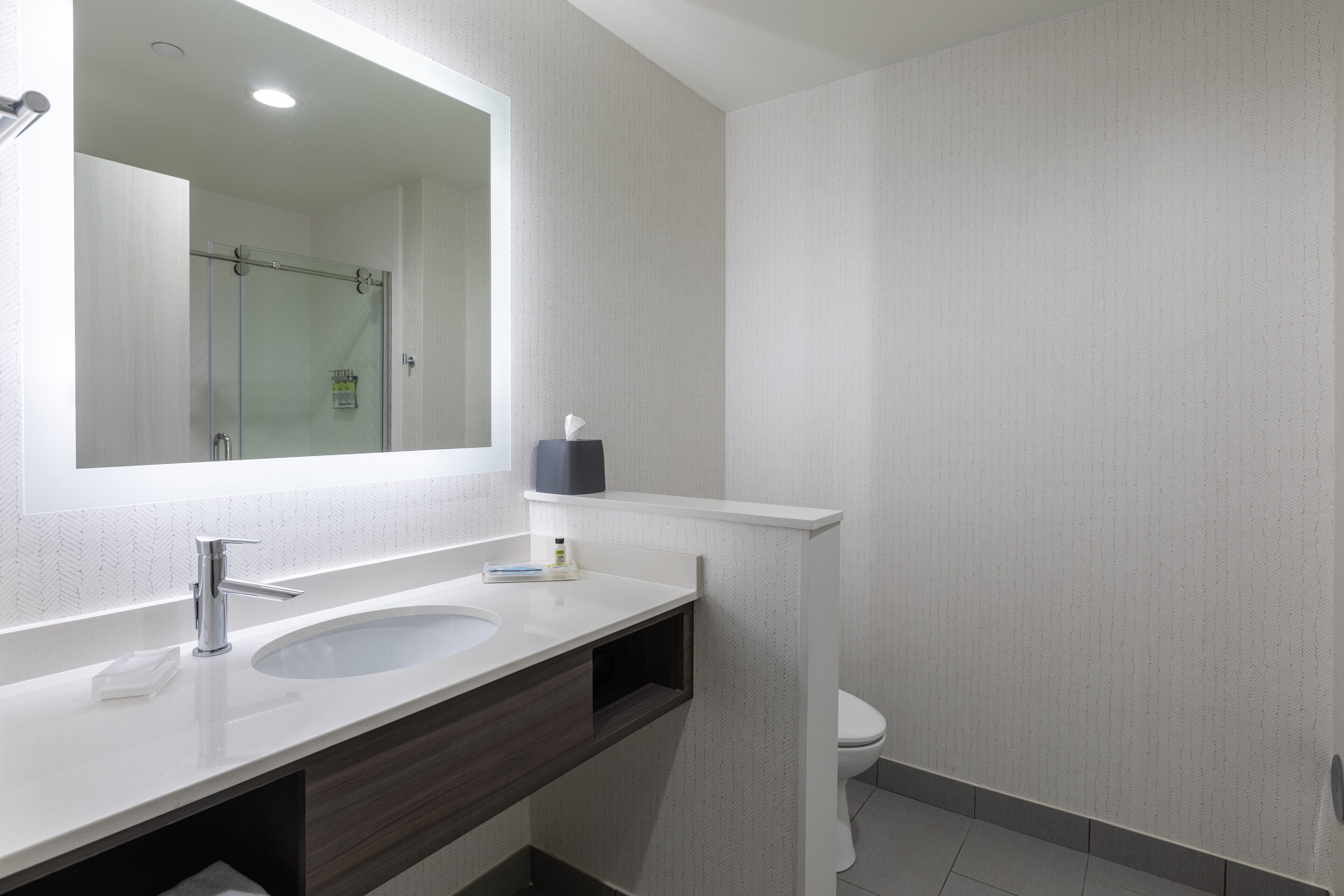 A modern bathroom with a large mirror, two sinks, a shower, and a toilet.